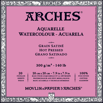 ARCHES Arches® Aquarelle Grain Satiné 300 G/M² Blanc Naturel Bloc Collé 4 Côtés 20 X 20 Cm