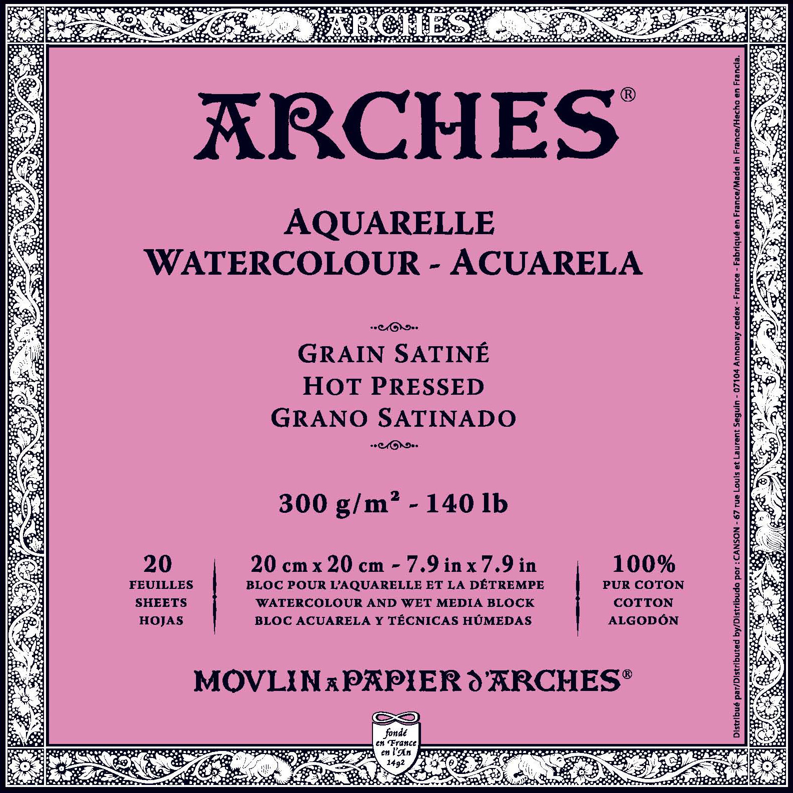 ARCHES Arches® Aquarelle Grain Satiné 300 G/M² Blanc Naturel Bloc Collé 4 Côtés 20 X 20 Cm