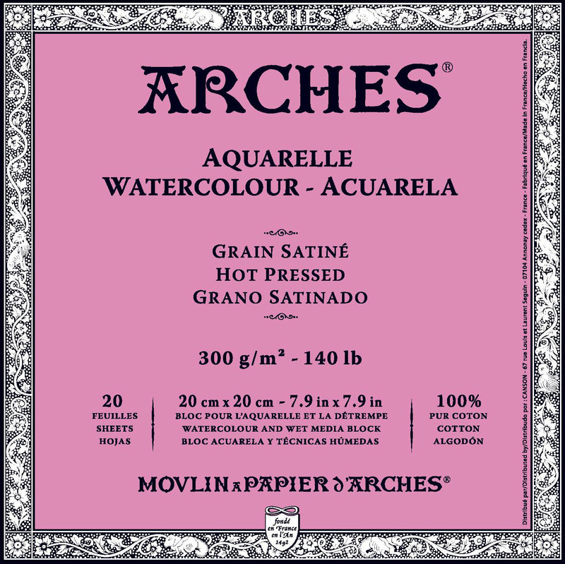 ARCHES Aquarelle Grain Satiné 300G Bloc Collé 4 Côtés 20x20cm
