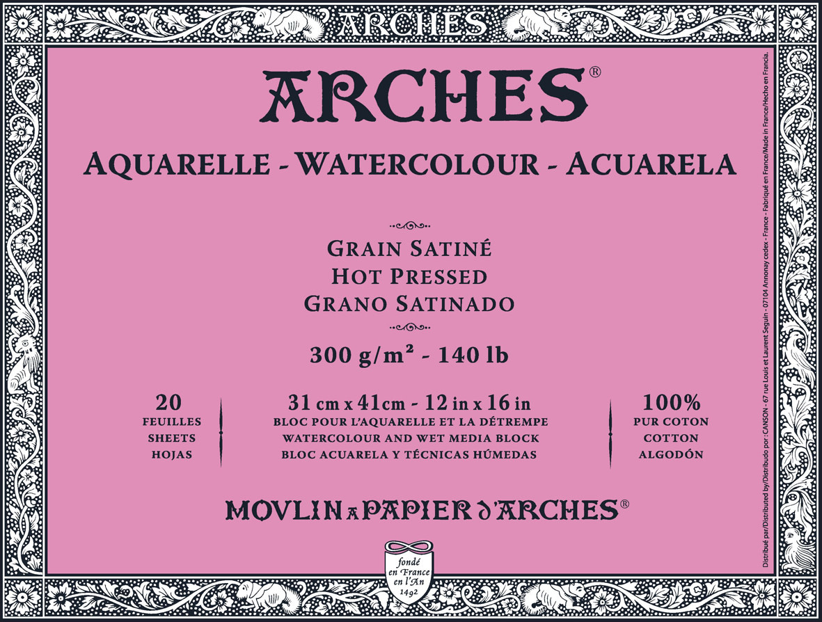 ARCHES Arches® Aquarelle Grain Satiné 300 G/M² Blanc Naturel Bloc Collé 4 Côtés 31 X 41 Cm