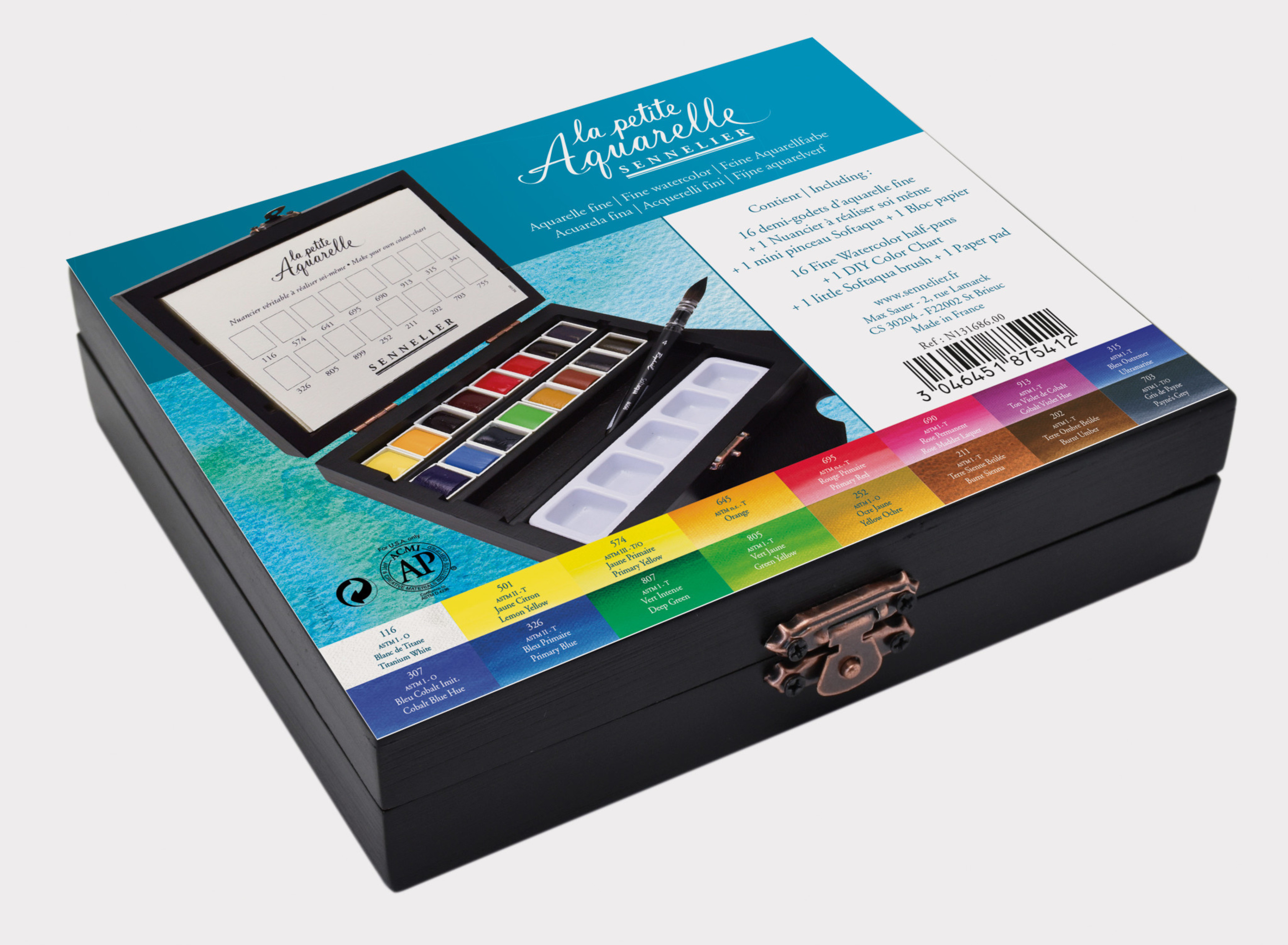 Coffret bois La petite Aquarelle - 16 demi-godets - Sennelier