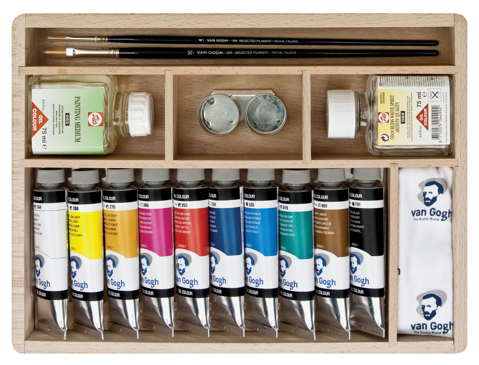 VAN GOGH Set de base couleurs à l'huile dans une boîte en bois, avec 10 couleurs en tubes de 40 ml + accessoires.