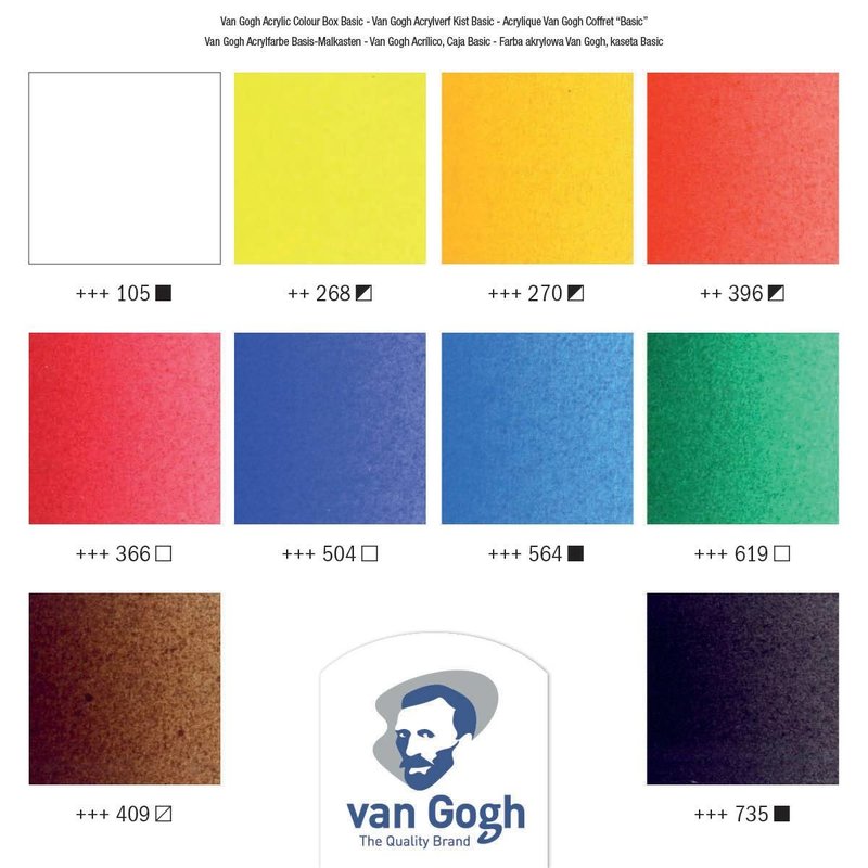 VAN GOGH Set de base couleurs acryliques dans une boîte en bois, avec 10 couleurs en tubes de 40 ml + accessoires.