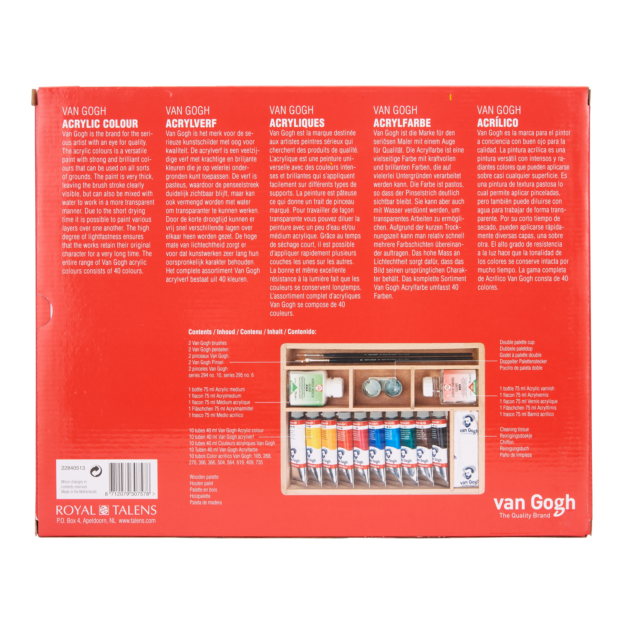 VAN GOGH Set de base couleurs acryliques dans une boîte en bois, avec 10 couleurs en tubes de 40 ml + accessoires.