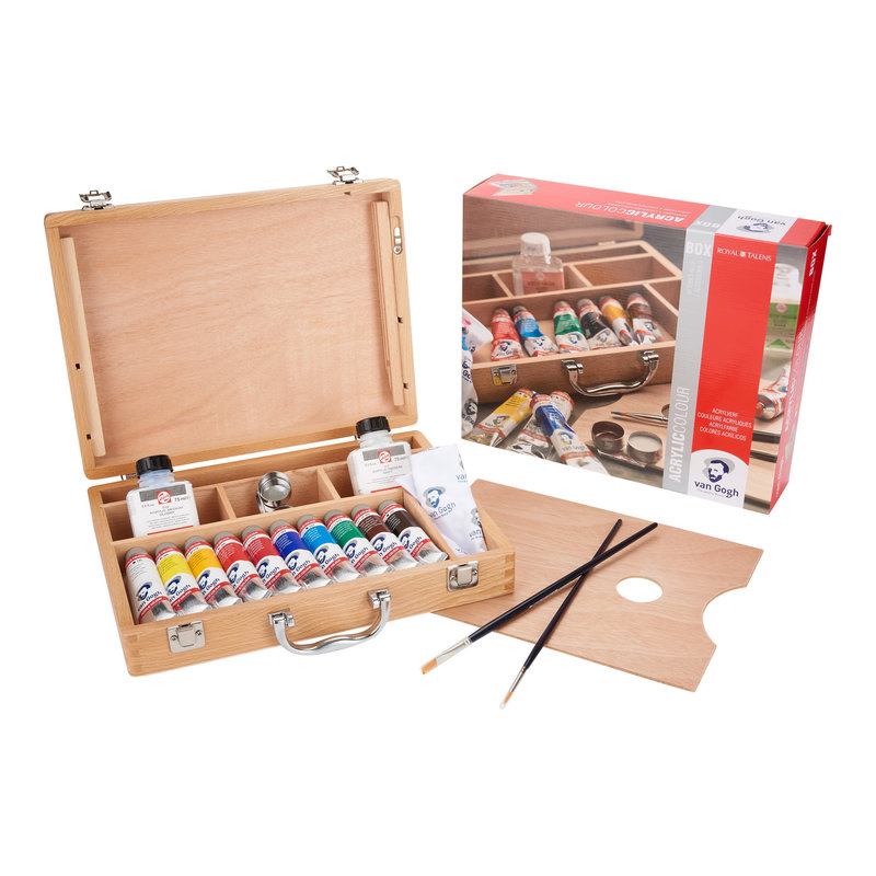 VAN GOGH Set de base couleurs acryliques dans une boîte en bois, avec 10 couleurs en tubes de 40 ml + accessoires.