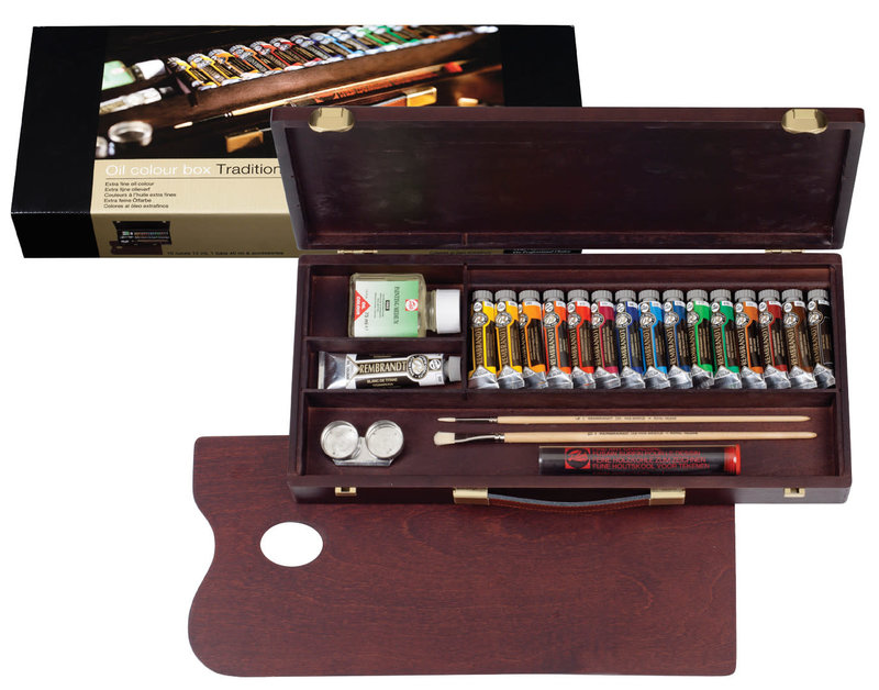 REMBRANDT Couleurs à l’huile set coffret bois Traditional 15 x 15 ml + 1 x 40 ml + accessoires