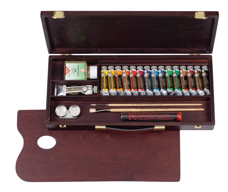 REMBRANDT Couleurs à l’huile set coffret bois Traditional 15 x 15 ml + 1 x 40 ml + accessoires