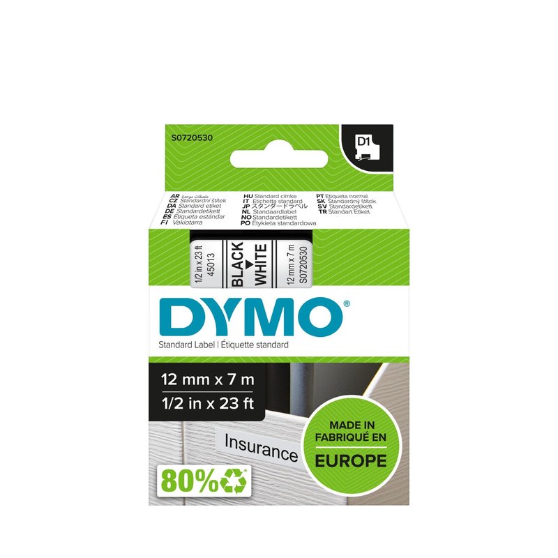 Ruban d'etiquettes Thermique Dymo 45013 - 12 mm - Noir/Blanc