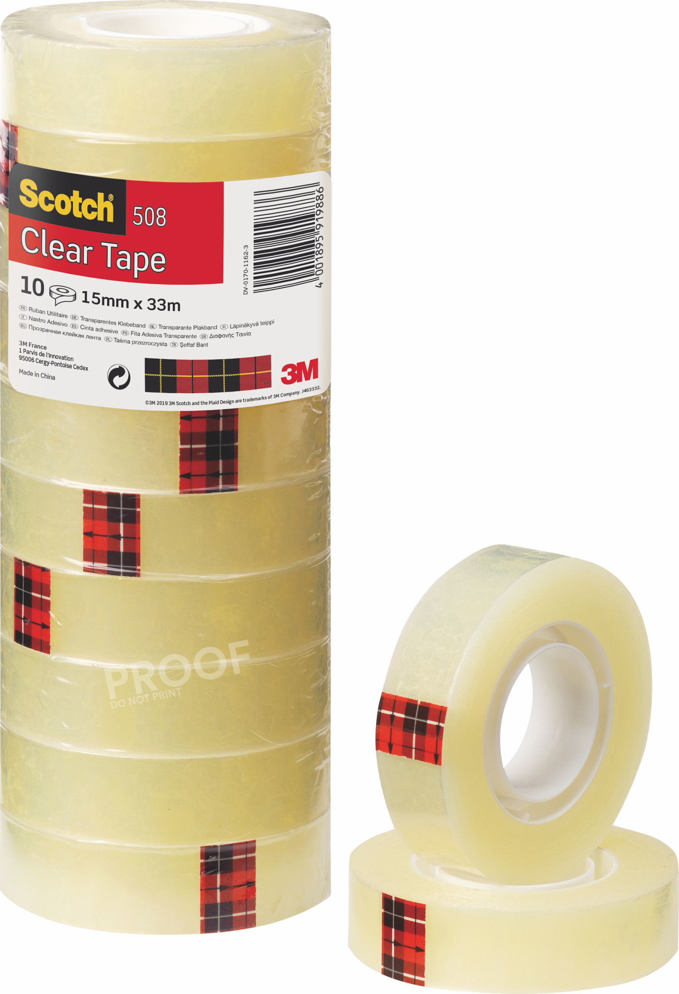 Ruban adhésif Scotch® transparent 508, tour de 10 rouleaux 15 mm x 33 m