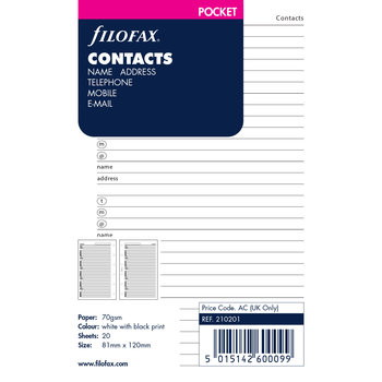 FILOFAX Feuilles contacts Adresses/Tel Pocket