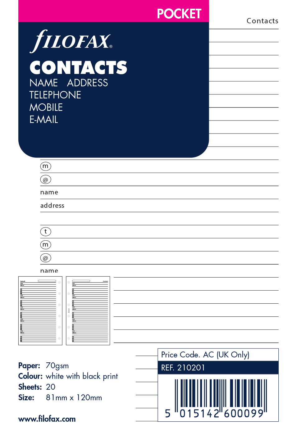 FILOFAX Feuilles contacts Adresses/Tel Pocket