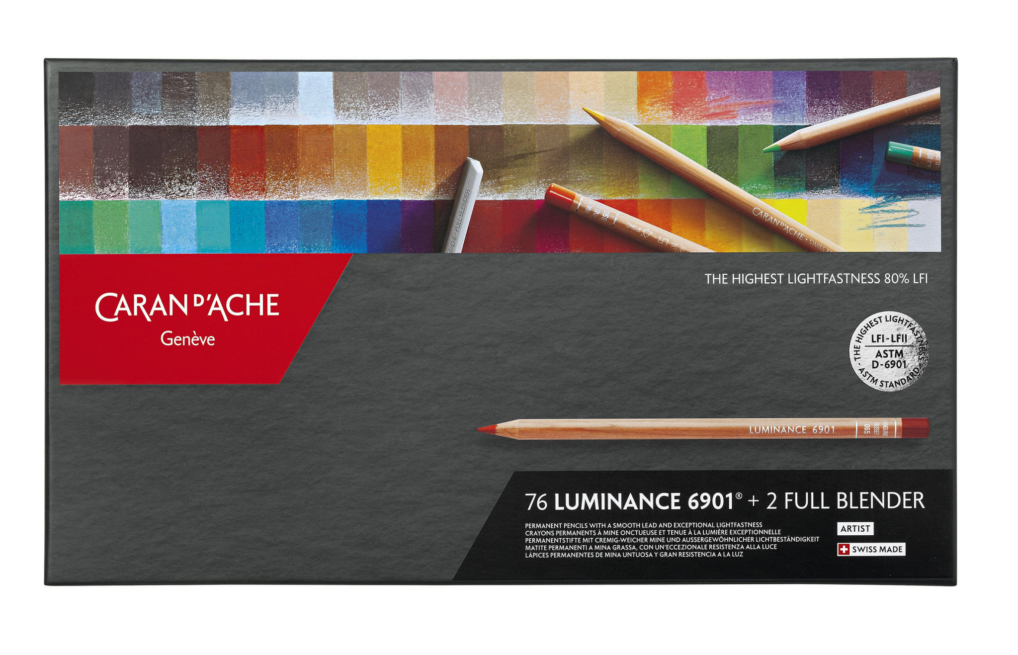 CARAN D'ACHE Luminance 6901® Boîte carton de 76 crayons de couleurs + 2 full blender