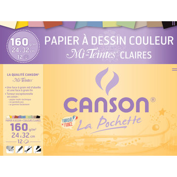 CANSON Pochette Papier Dessin Couleur Mi-Teintes® Claires 24x32cm 12Fl 160G