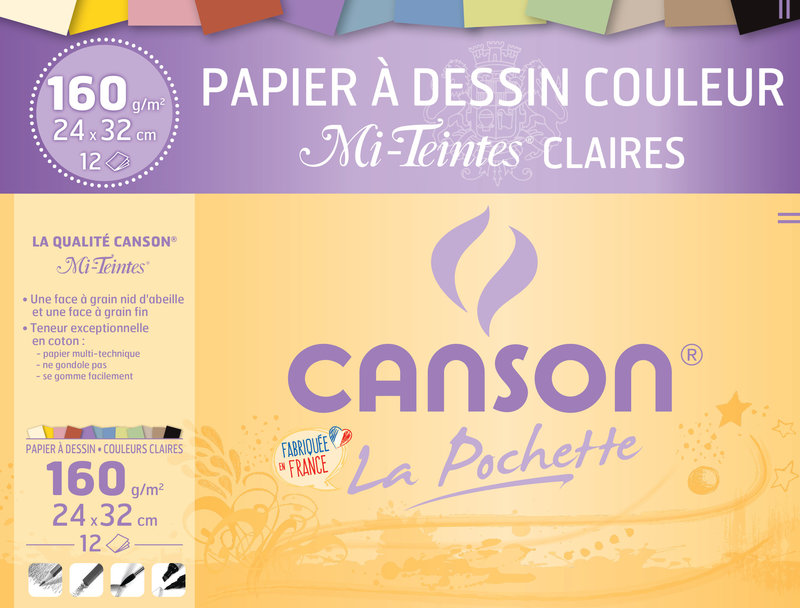 Canson 200002789 Pochette Papier à dessin Mi-Teintes 12 feuilles 160g 24 x  32 cm Couleurs claires - Papier Technique - Creavea