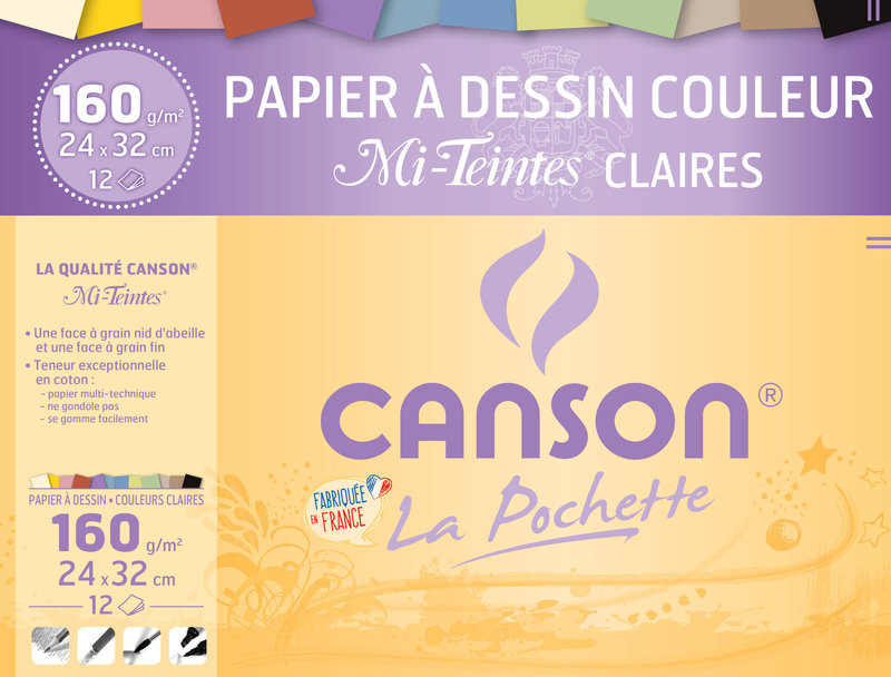 CANSON Pochette Papier Dessin Couleur Mi-Teintes® Claires 24x32cm 12Fl 160G