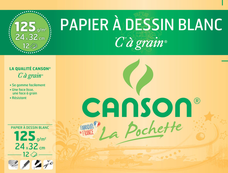 CANSON White 'C' Grain® Drawing Paper Pouch 24X32Cm 12Fl 125G/sqm