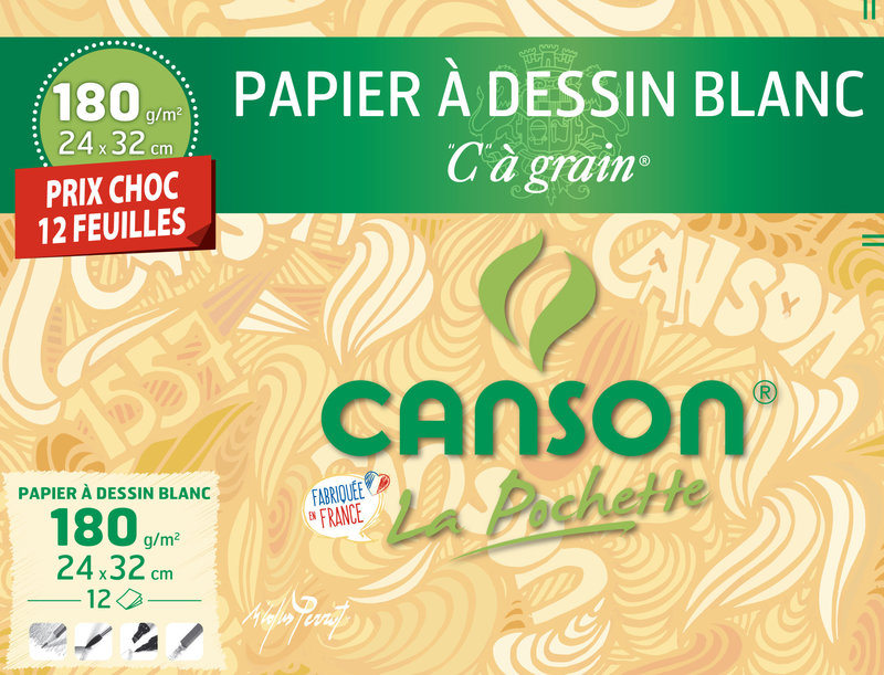 CANSON Pochette papier à Dessin Blanc 'C' À Grain® 12fl 24x32cm 180g/m²