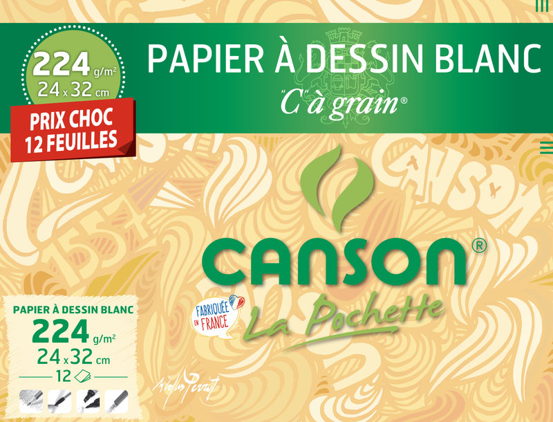 CANSON Pochette papier à Dessin Blanc 'C' À Grain®  24x32cm 12fl 224g/m²