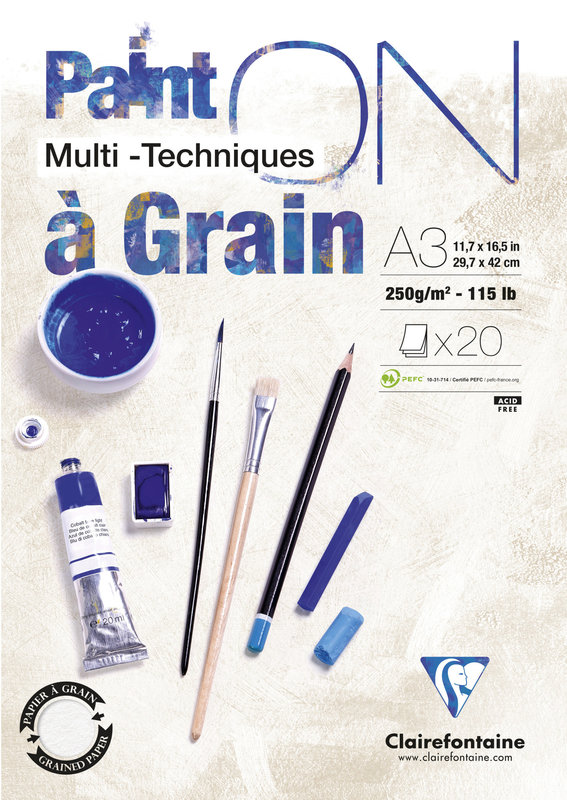 CLAIREFONTAINE Bloc Paint'On À Grain Encollé A3 20 Feuilles 250G