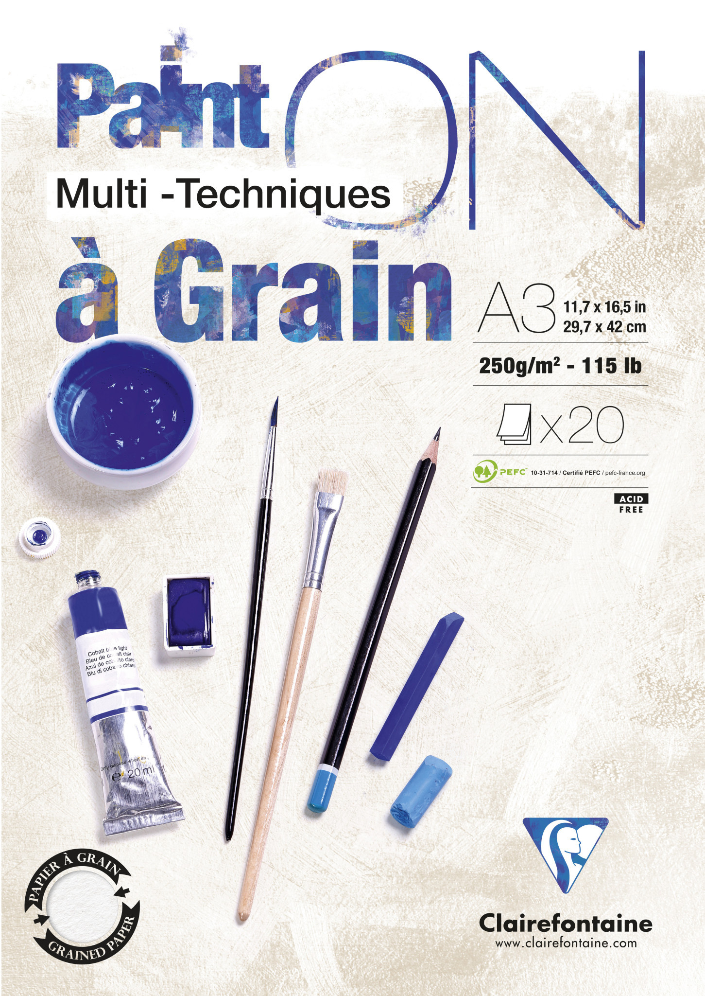 CLAIREFONTAINE Bloc Paint'ON à Grain collé A3 20 feuilles 250g