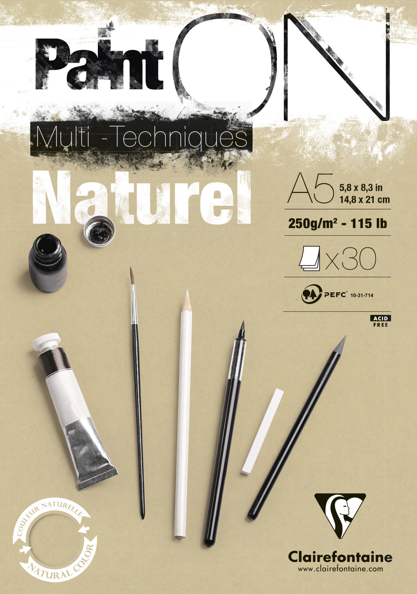 CLAIREFONTAINE Bloc Paint'ON collé A5 30 feuilles 250g naturel