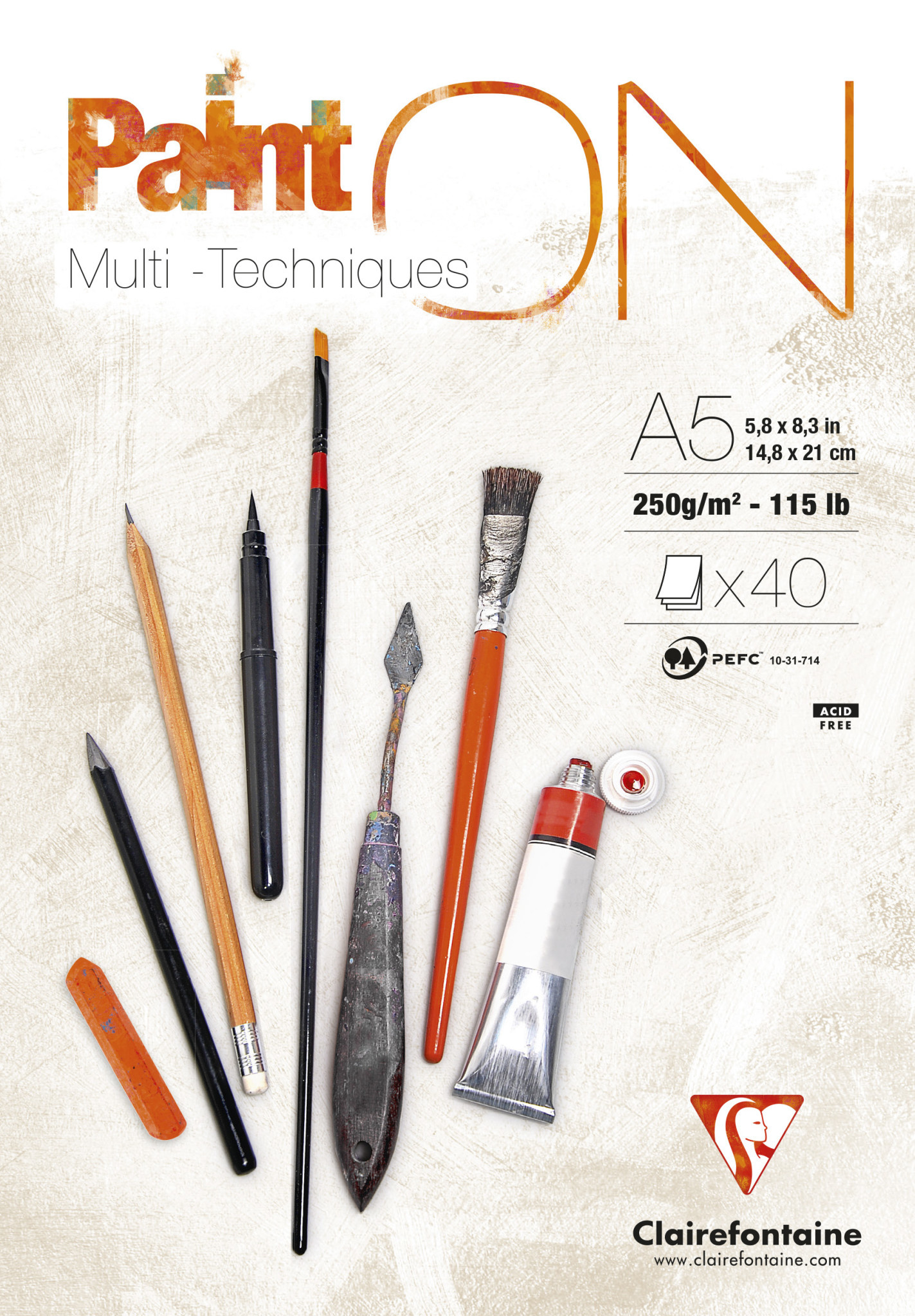 CLAIREFONTAINE Bloc Paint'ON collé A5 40 feuilles 250g blanc