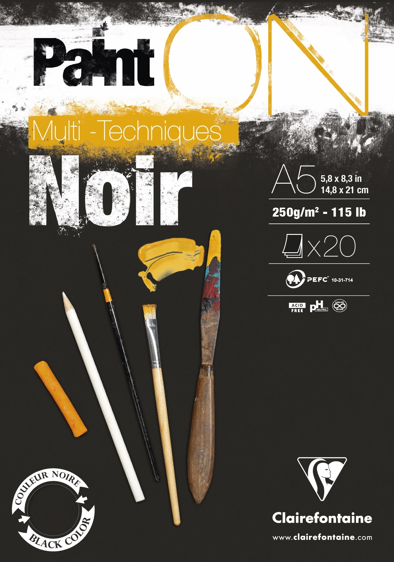 CLAIREFONTAINE Bloc Paint'ON Noir collé en tête 20 feuilles 250g A5