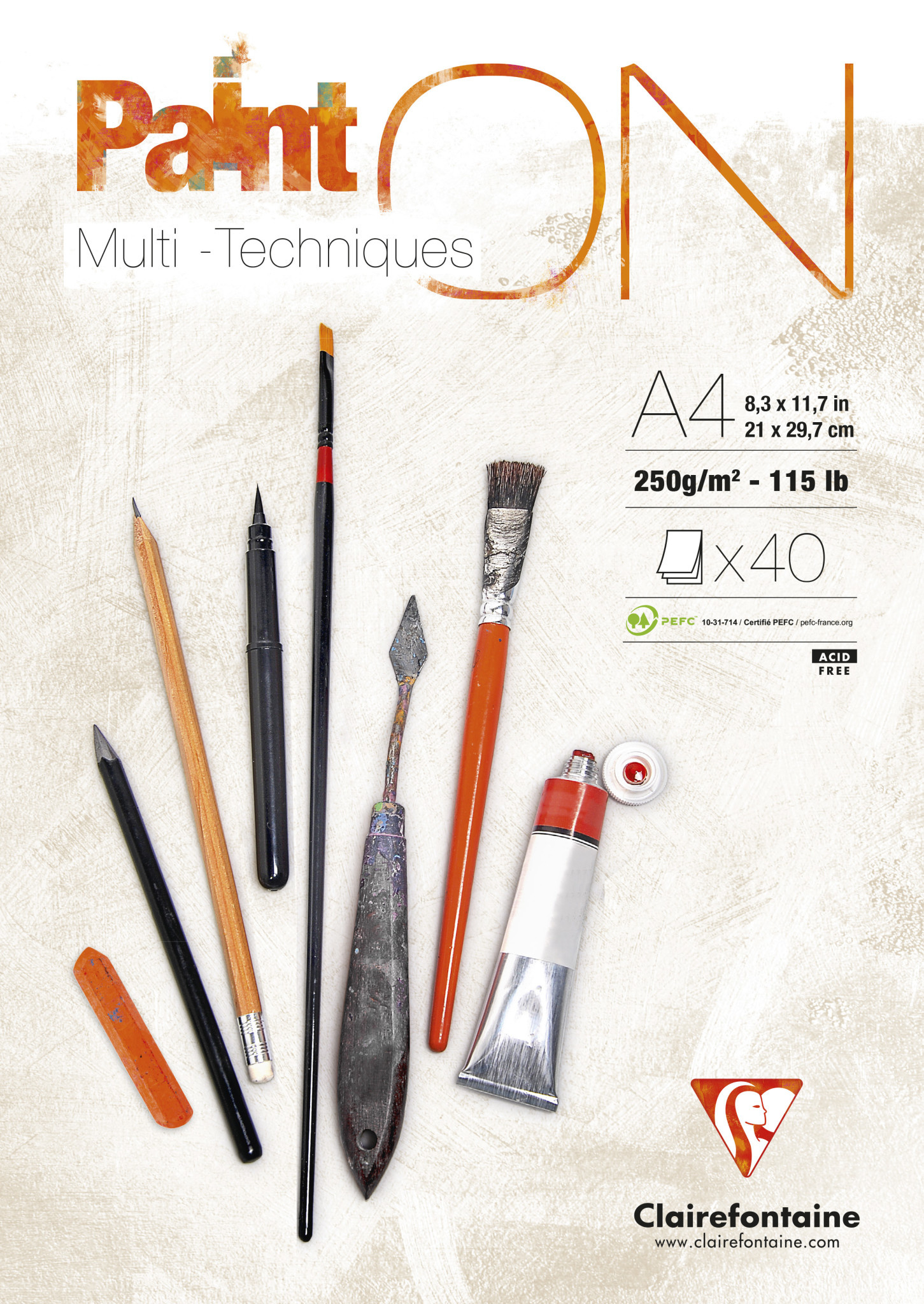 CLAIREFONTAINE Bloc Paint'ON collé A4 40 feuilles blanc 250g