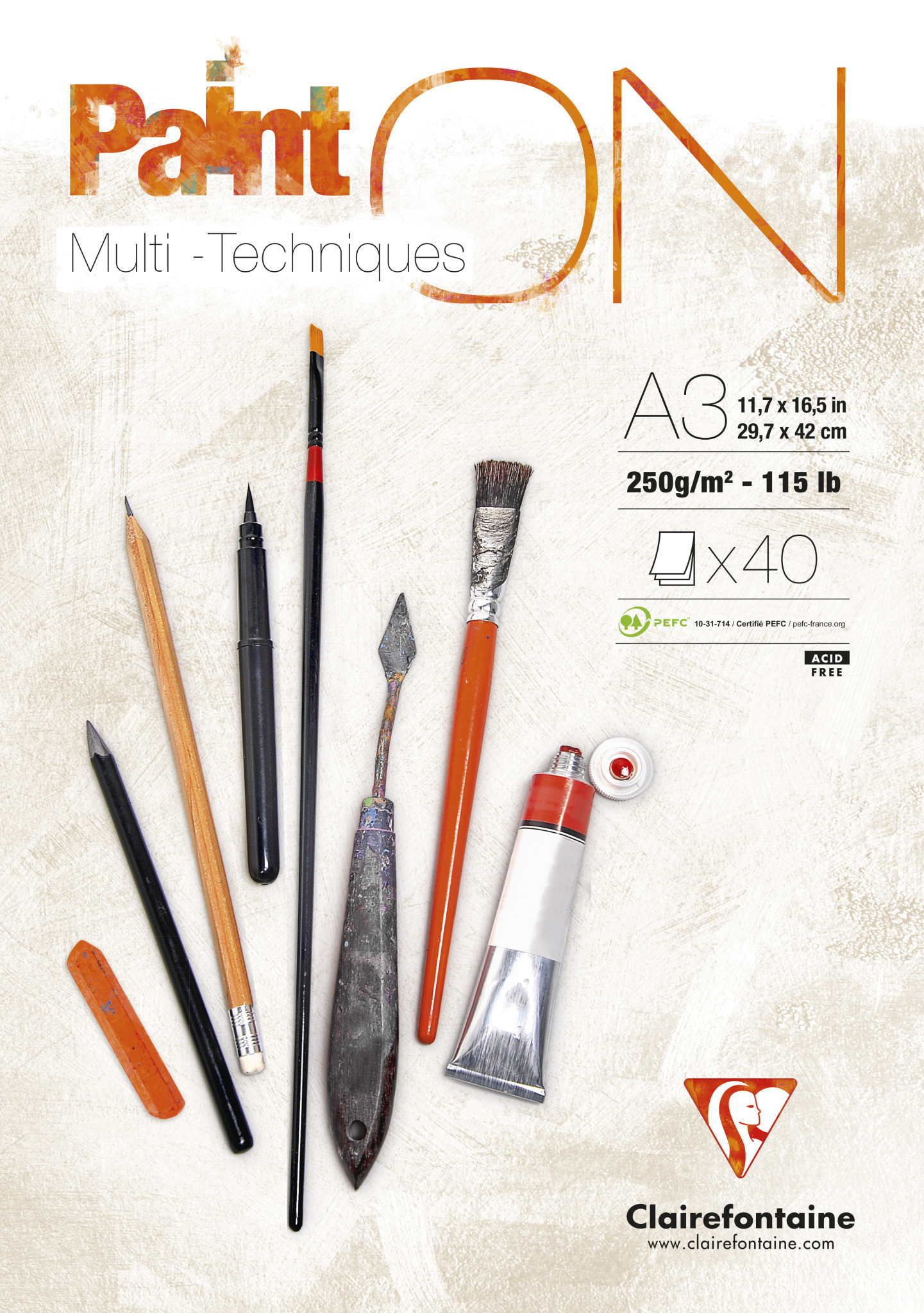 CLAIREFONTAINE Bloc Paint'ON collé A3 40 feuilles 250g blanc