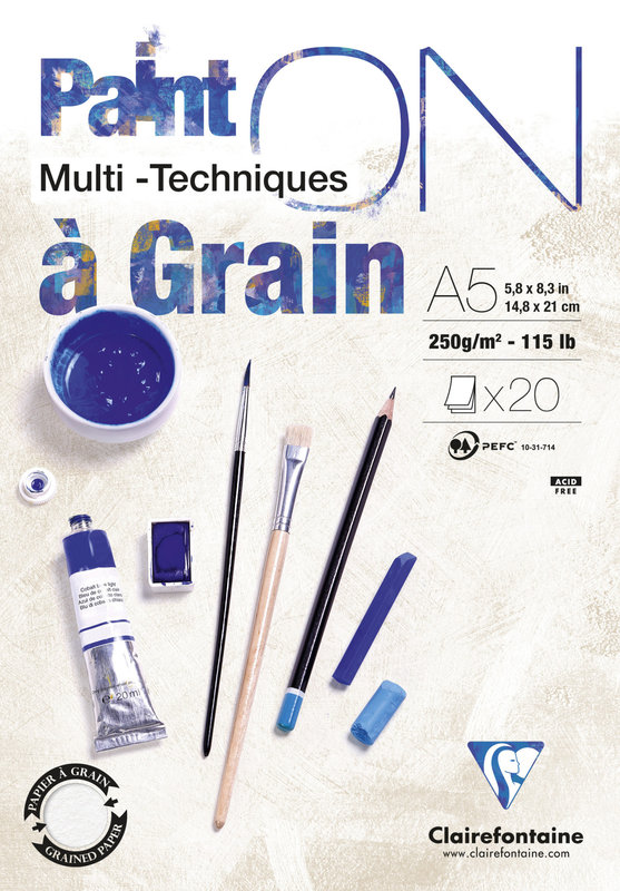 CLAIREFONTAINE Bloc Paint'On À Grain Encollé A5 20 Feuilles 250G