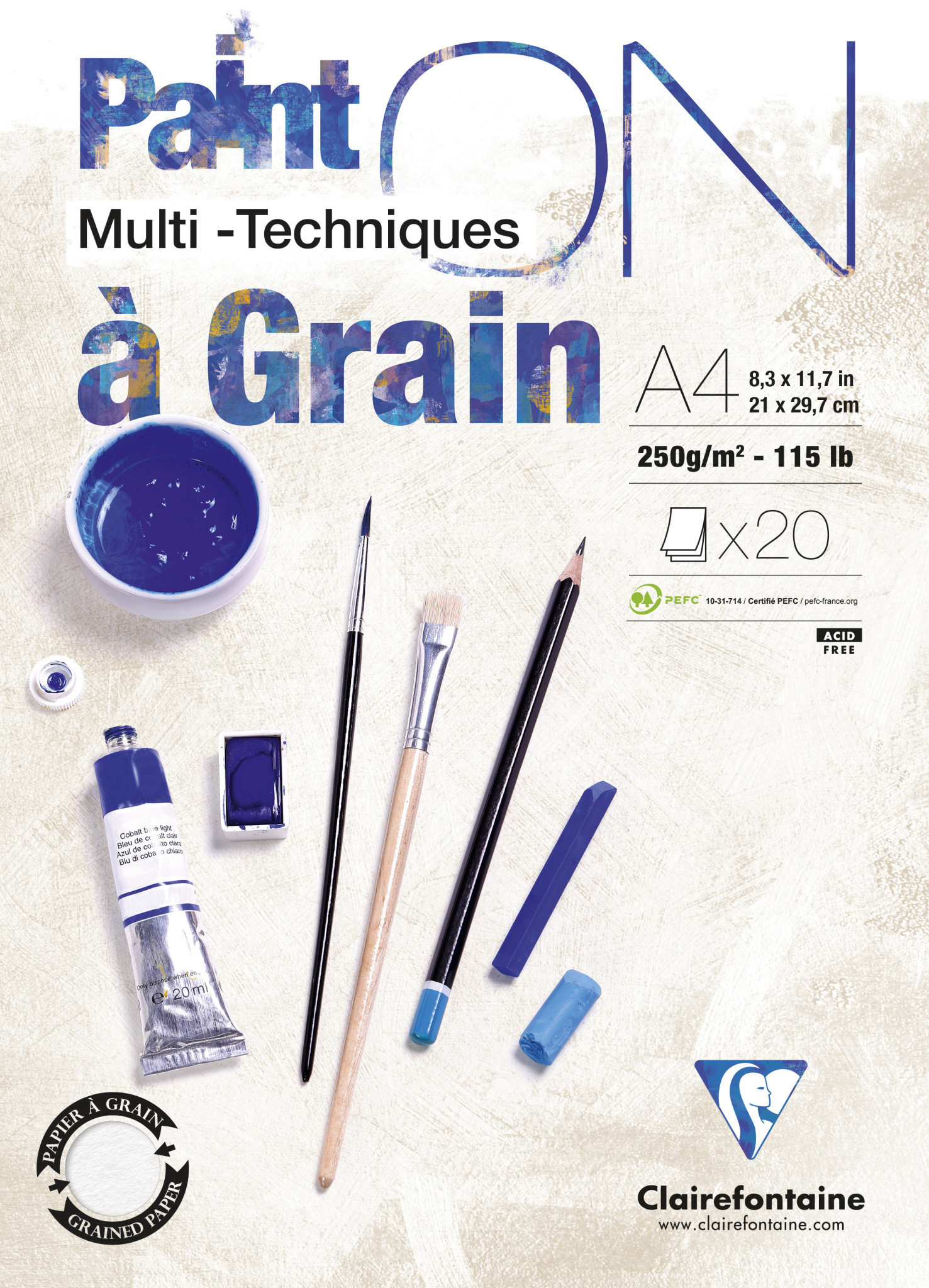 CLAIREFONTAINE Bloc Paint'ON à Grain collé A4 20 feuilles 250g