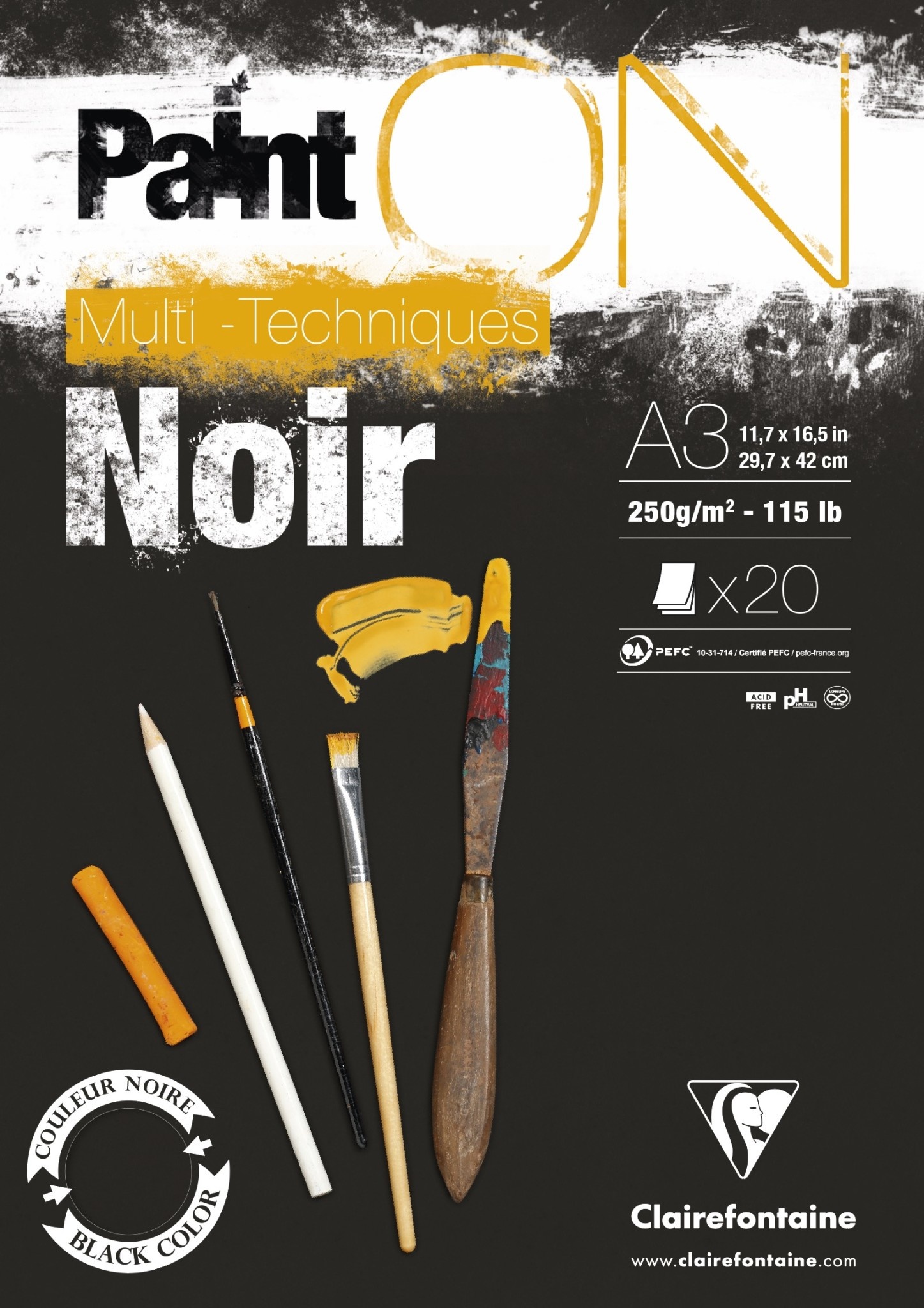 CLAIREFONTAINE Bloc Paint'ON Noir collé en tête 20 feuilles 250g A3