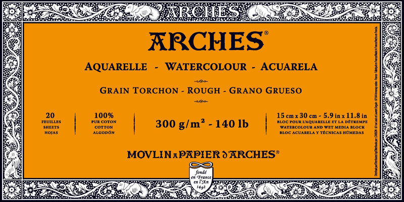 ARCHES Aquarelle Grain Torchon 300G Bloc Collé 4 Côtés 15x30cm