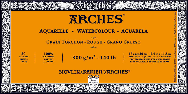 ARCHES Arches® Aquarelle Grain Torchon 300 G/M² Blanc Naturel Bloc Collé 4 Côtés 15 X 30 Cm