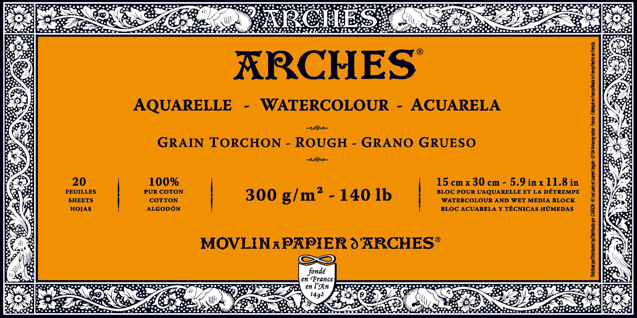ARCHES Arches® Aquarelle Grain Torchon 300 G/M² Blanc Naturel Bloc Collé 4 Côtés 15 X 30 Cm