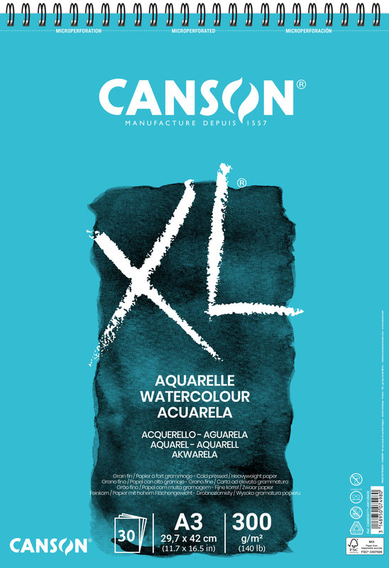 CANSON CANSON XL AQUARELLE Bloc à spirales 30FL A3 300G Grain fin