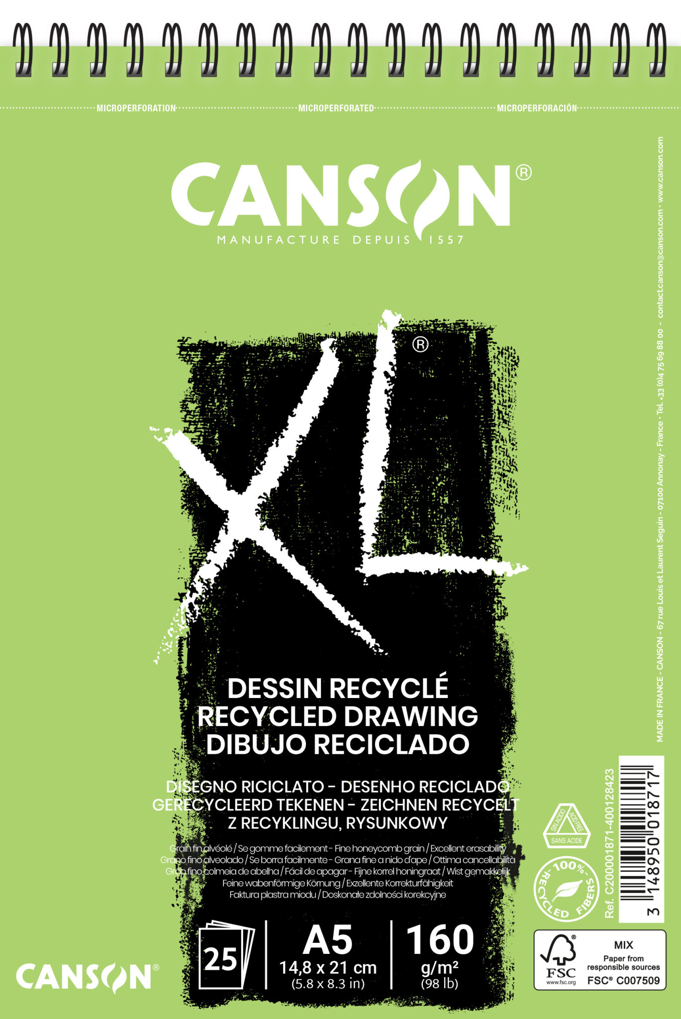 CANSON XL RECYCLÉ Bloc à spirales 25FL A5 160G - Papeterie Michel