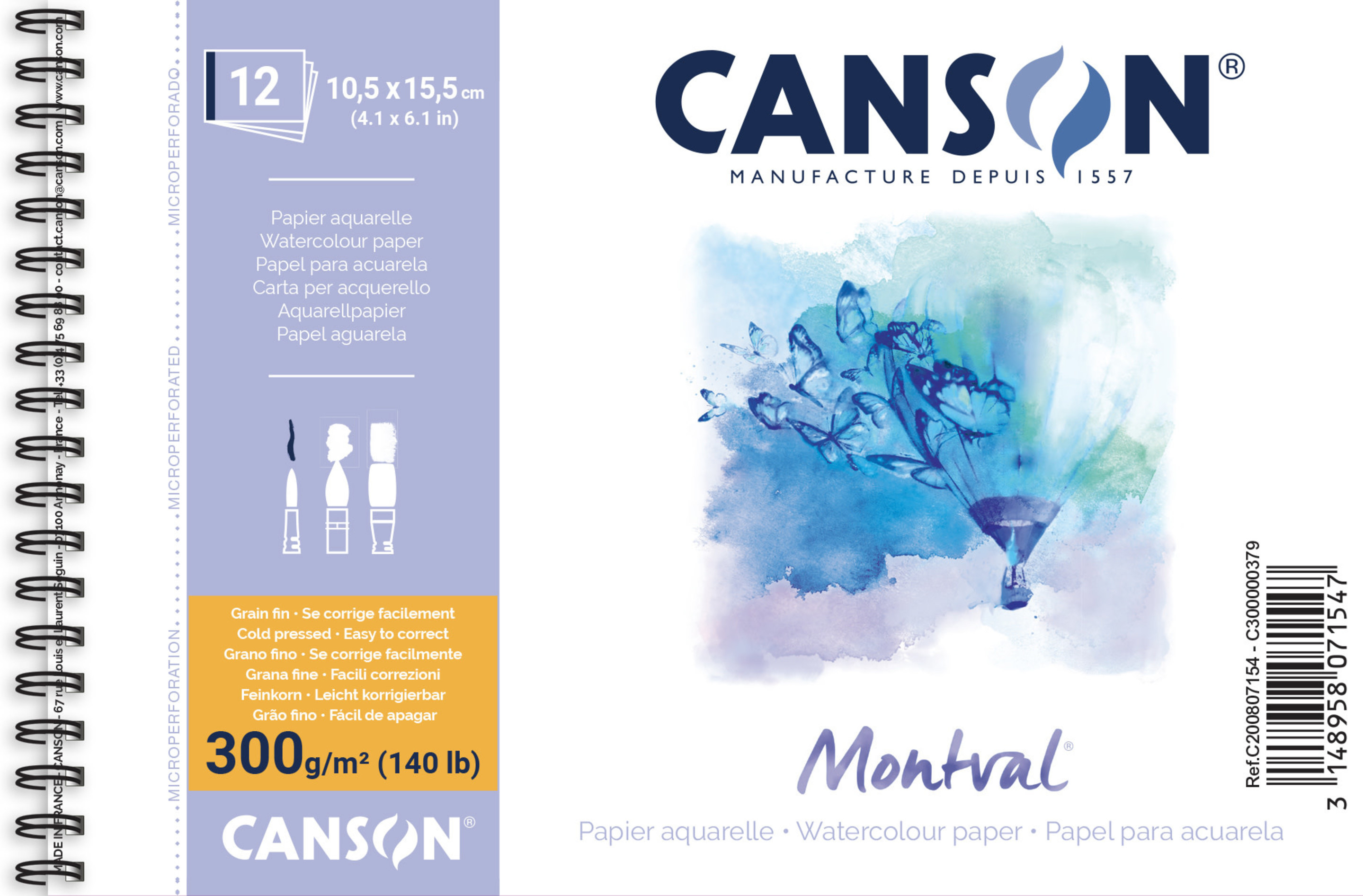CANSON Montval Bloc 12 Feuilles Papier Aquarelle Grain Fin A4 300g/m² - Blanc