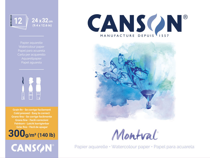 CANSON Bl 12Fl Colé 1 Coté Montval ® 24x32cm 300G Grain Fin Blanc Naturel