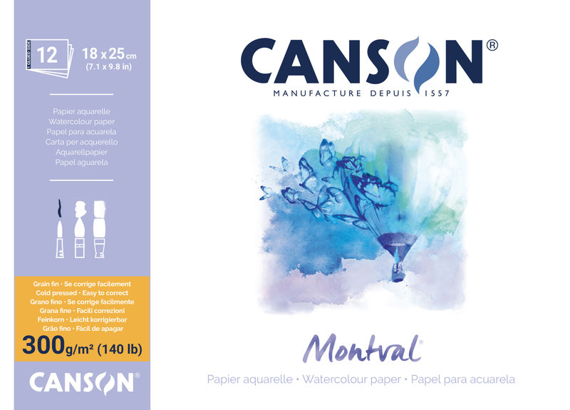 CANSON Bl 12Fl Colé 1 Coté Montval® 18x25cm 300G Grain Fin Blanc Naturel