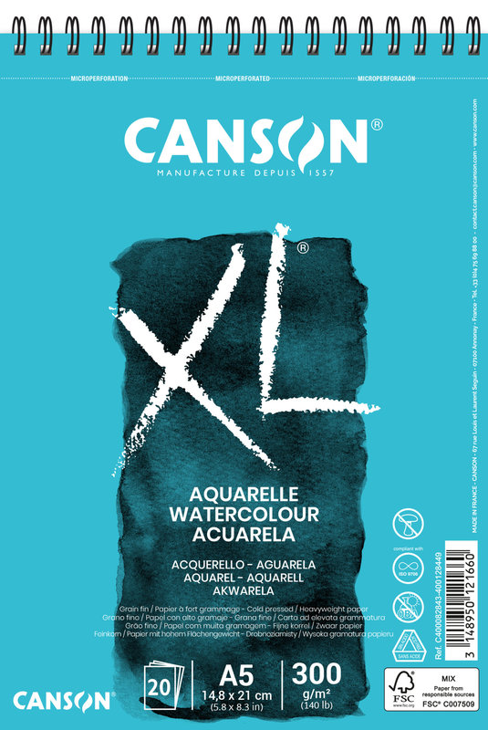 CANSON CANSON XL AQUARELLE Bloc à spirales 20p A5 300G Grain fin