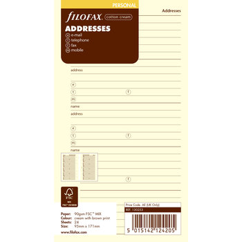 FILOFAX Feuilles contacts Adresses Coton Creme Personal