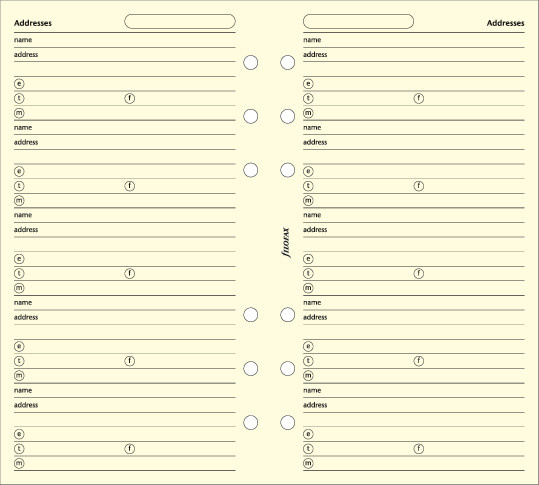 FILOFAX Feuilles contacts Adresses Coton Creme Personal