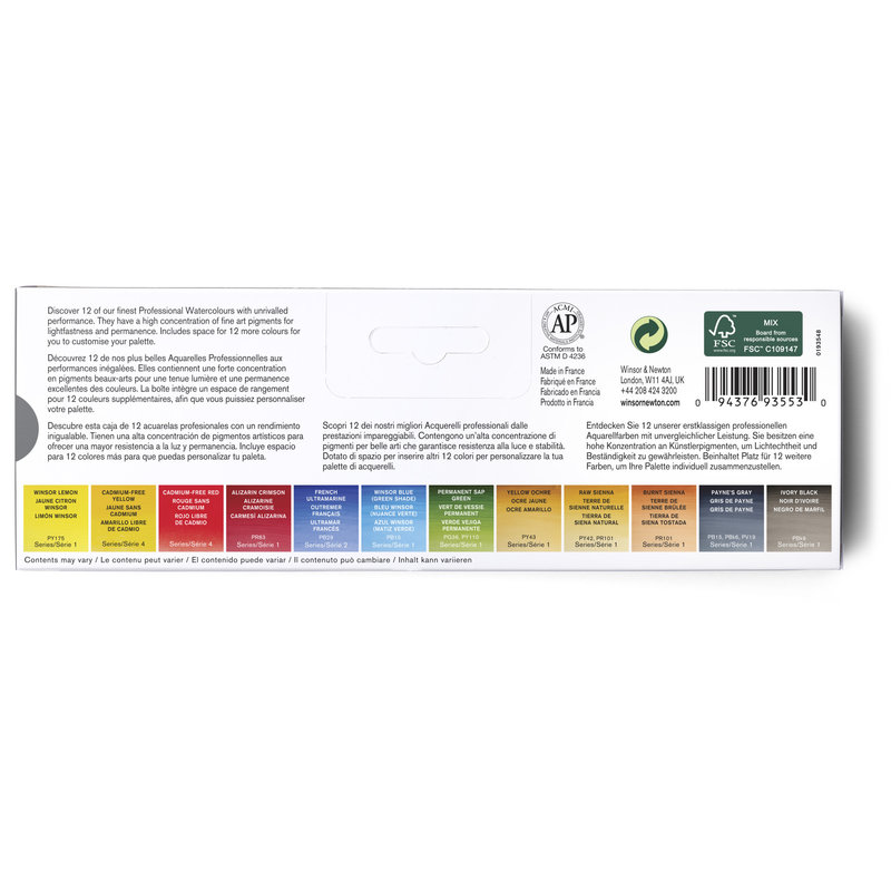 WINSOR & NEWTON Professional Aquarelle extra-fine Boite de voyage en métal personnalisable 12 1/2Godets