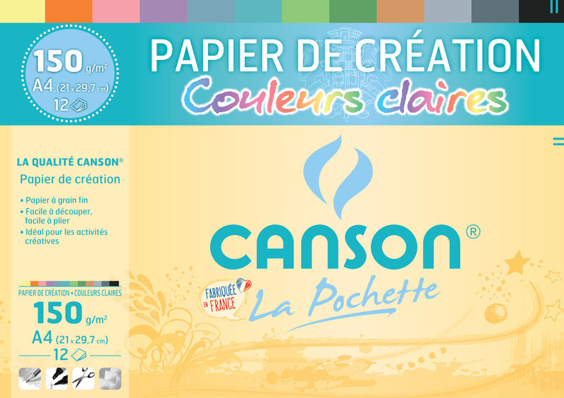 CANSON Pochette Canson® Papier Création Couleur A4 12Fl 150G/M² - Couleurs Claires Assorties