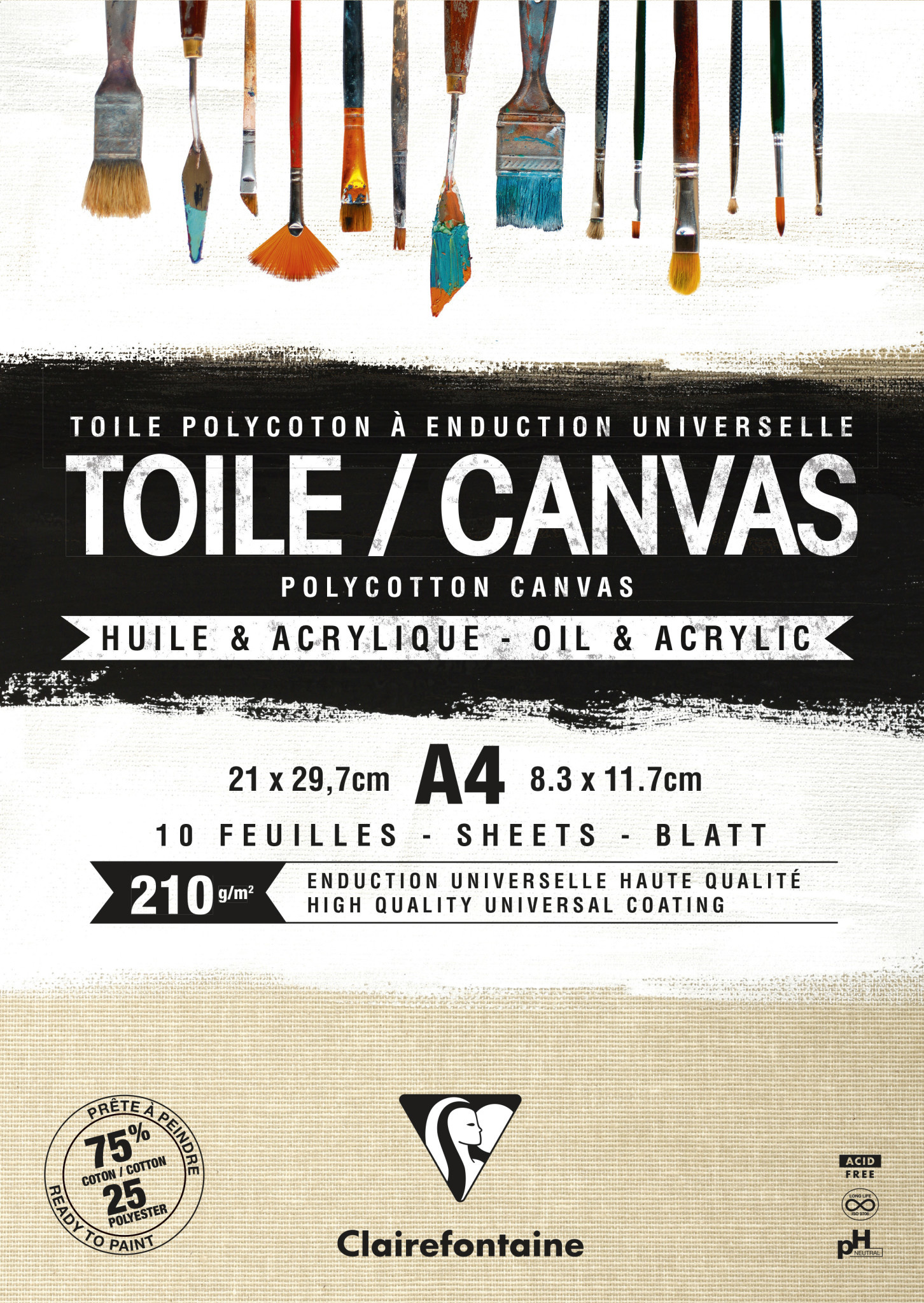 CLAIREFONTAINE Bloc Toile G. Sable naturelle polycoton 210g collé 10 feuilles tête A4