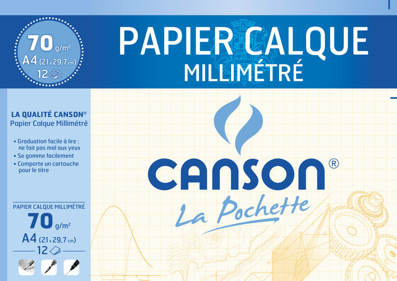 CANSON Pochette Papier Calque, Quadrillage Millimétré Bistre A4 12Fl 70G