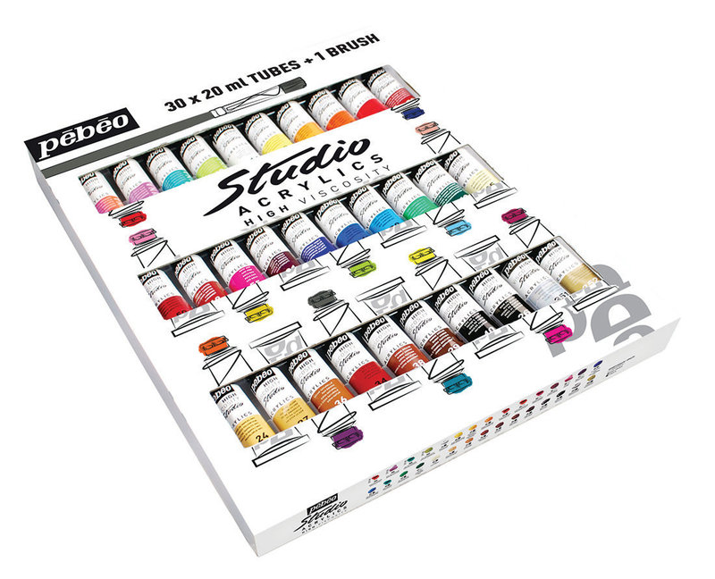 PEBEO Studio Acrylics Etui 30 Tubes De 20 Ml Assortis Et Pinceau