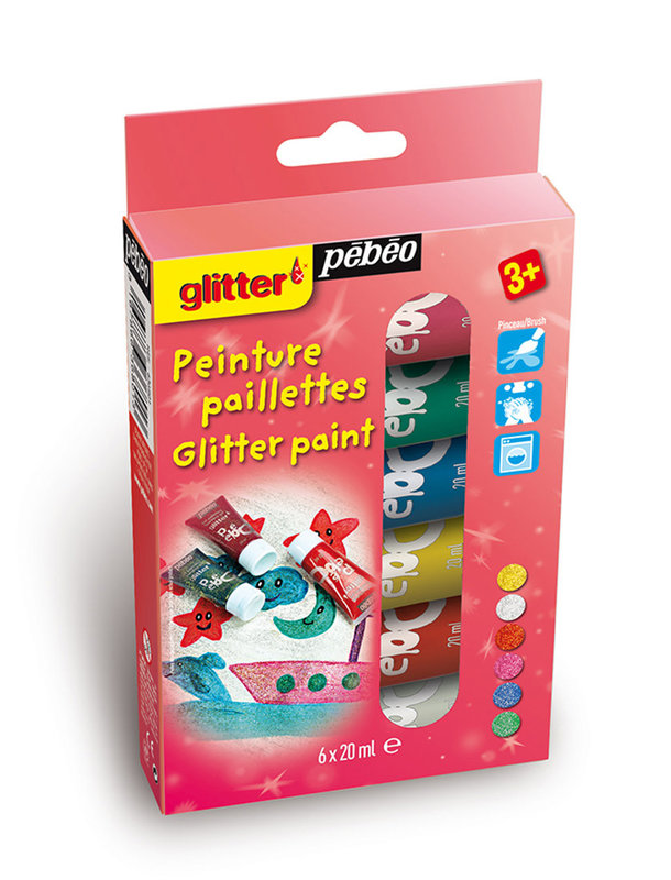 PEBEO Glitter discovery set 6 tubes 20ml (gold,silver,red,pink,blue,green)