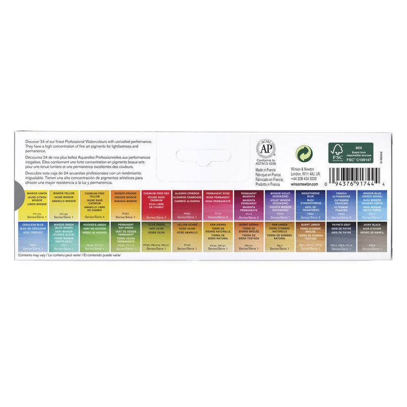 WINSOR & NEWTON Professional Aquarelle extra fine Boite de voyage en métal 24 1/2 godets